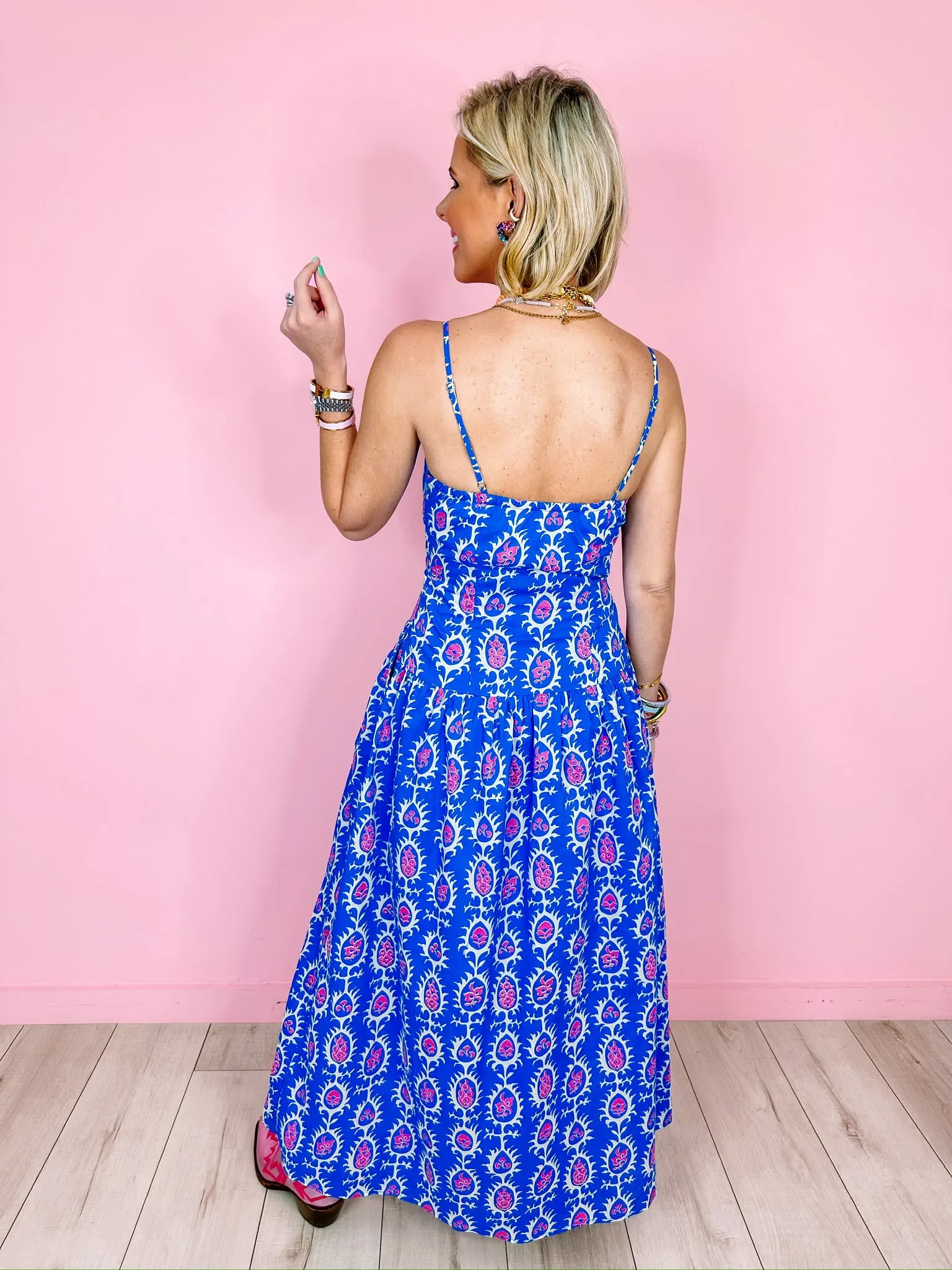 ADRIENNE FLORAL BURST MIDI DRESS - BLUE