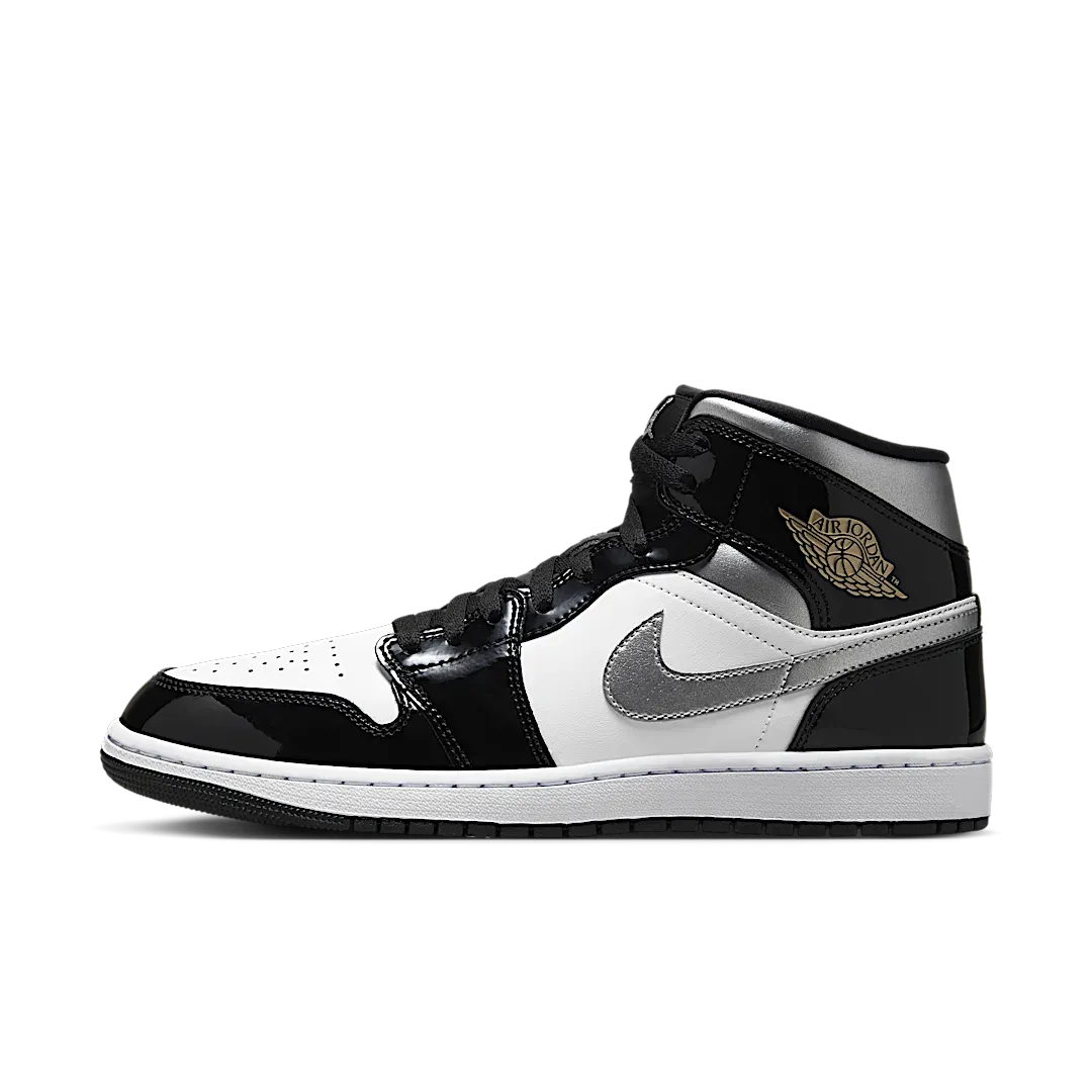 Air Jordan 1 Mid SE Patent Black White Metallic Silver Metallic Gold