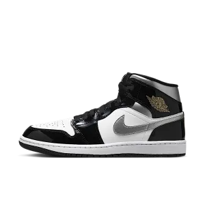 Air Jordan 1 Mid SE Patent Black White Metallic Silver Metallic Gold