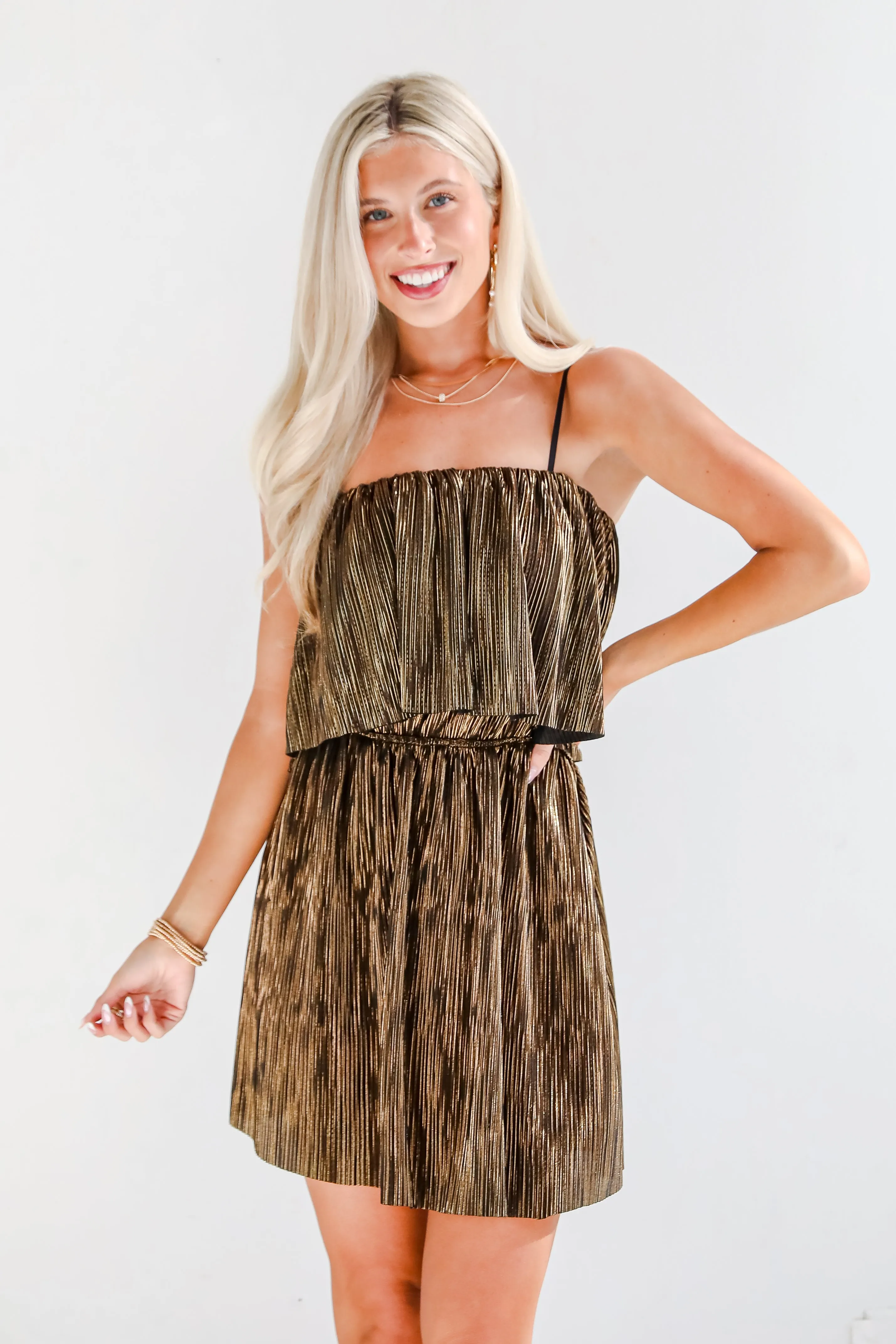FINAL SALE - Brilliant Behavior Metallic Plisse Mini Dress - DOORBUSTER