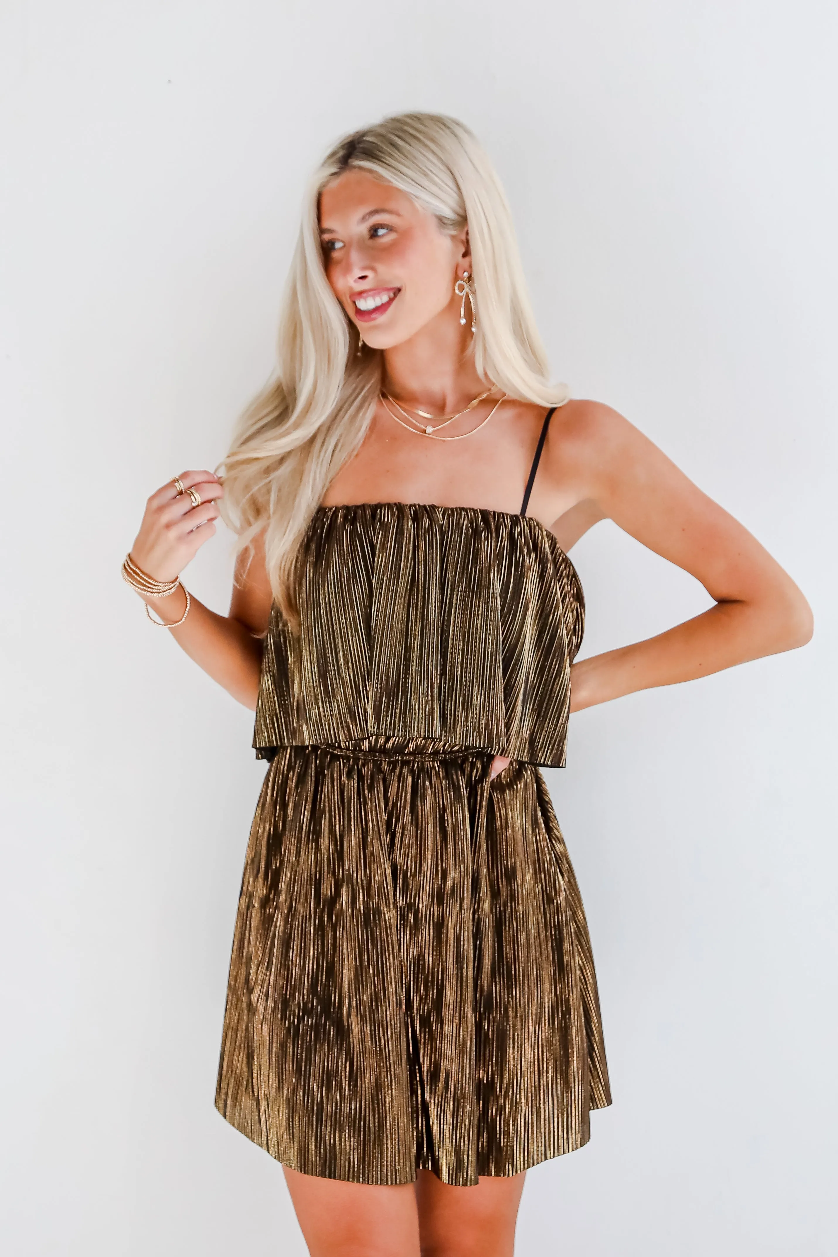 FINAL SALE - Brilliant Behavior Metallic Plisse Mini Dress - DOORBUSTER