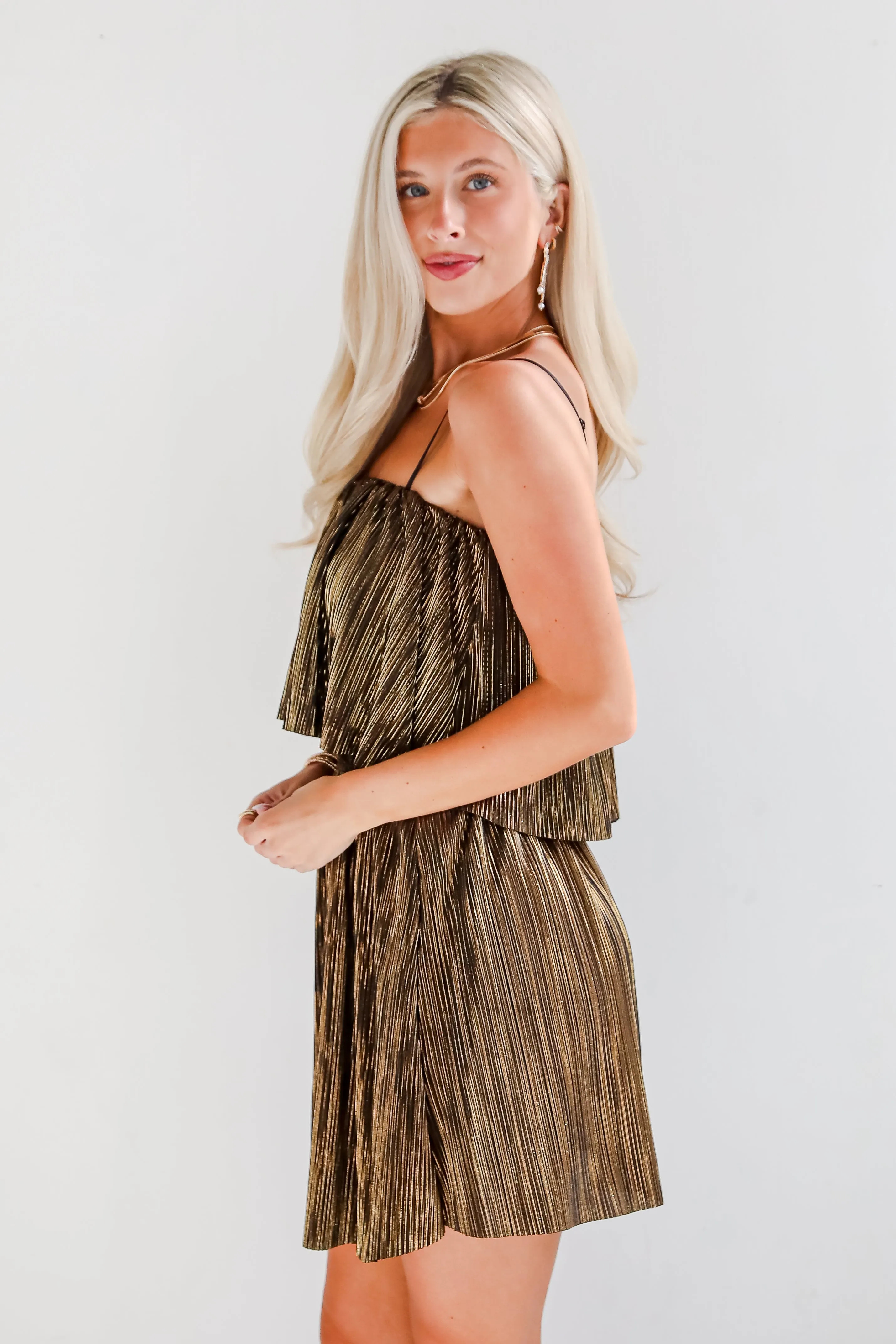 FINAL SALE - Brilliant Behavior Metallic Plisse Mini Dress - DOORBUSTER