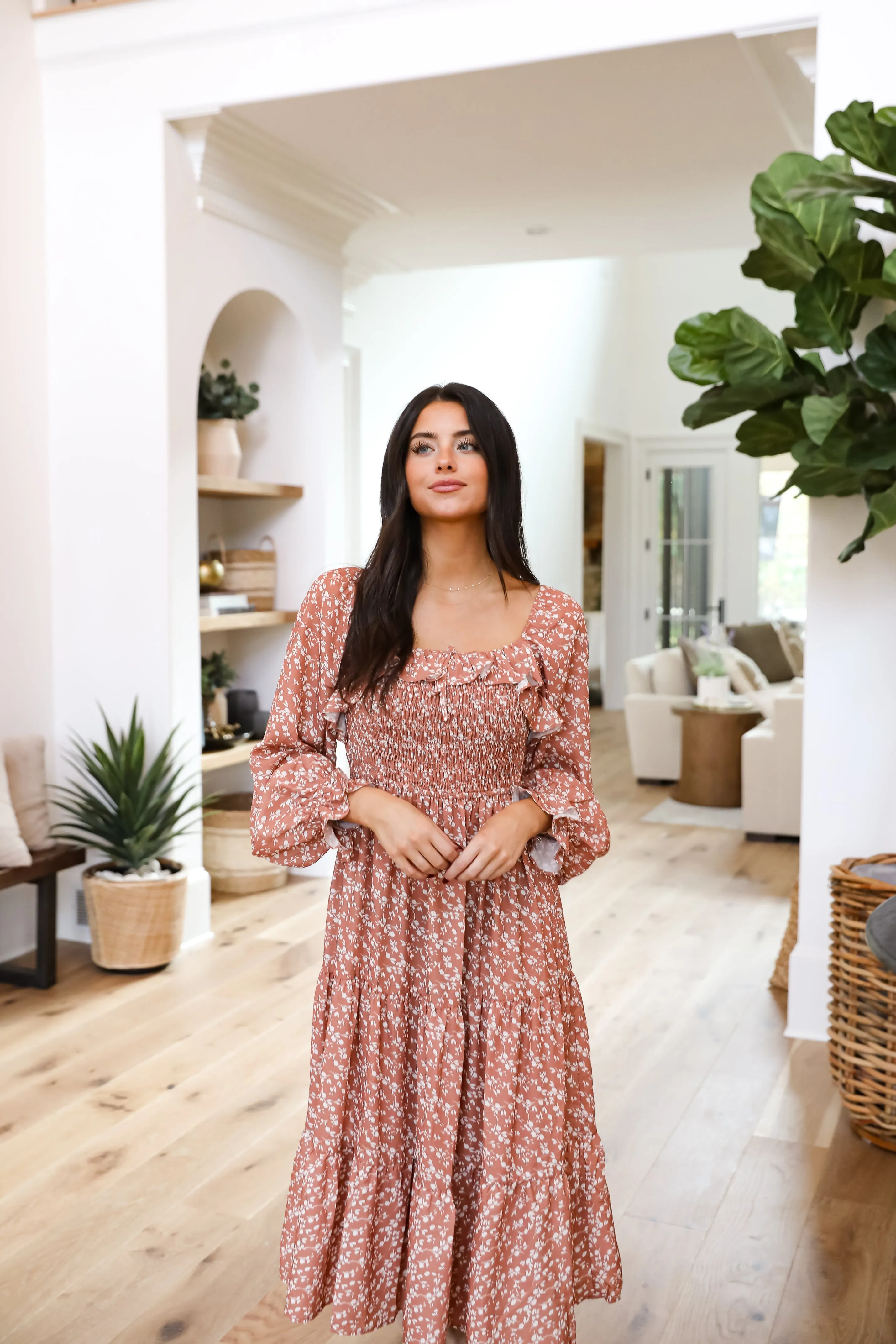 FINAL SALE - Elevated Invite Rust Floral Midi Dress
