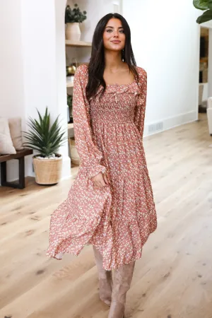 FINAL SALE - Elevated Invite Rust Floral Midi Dress