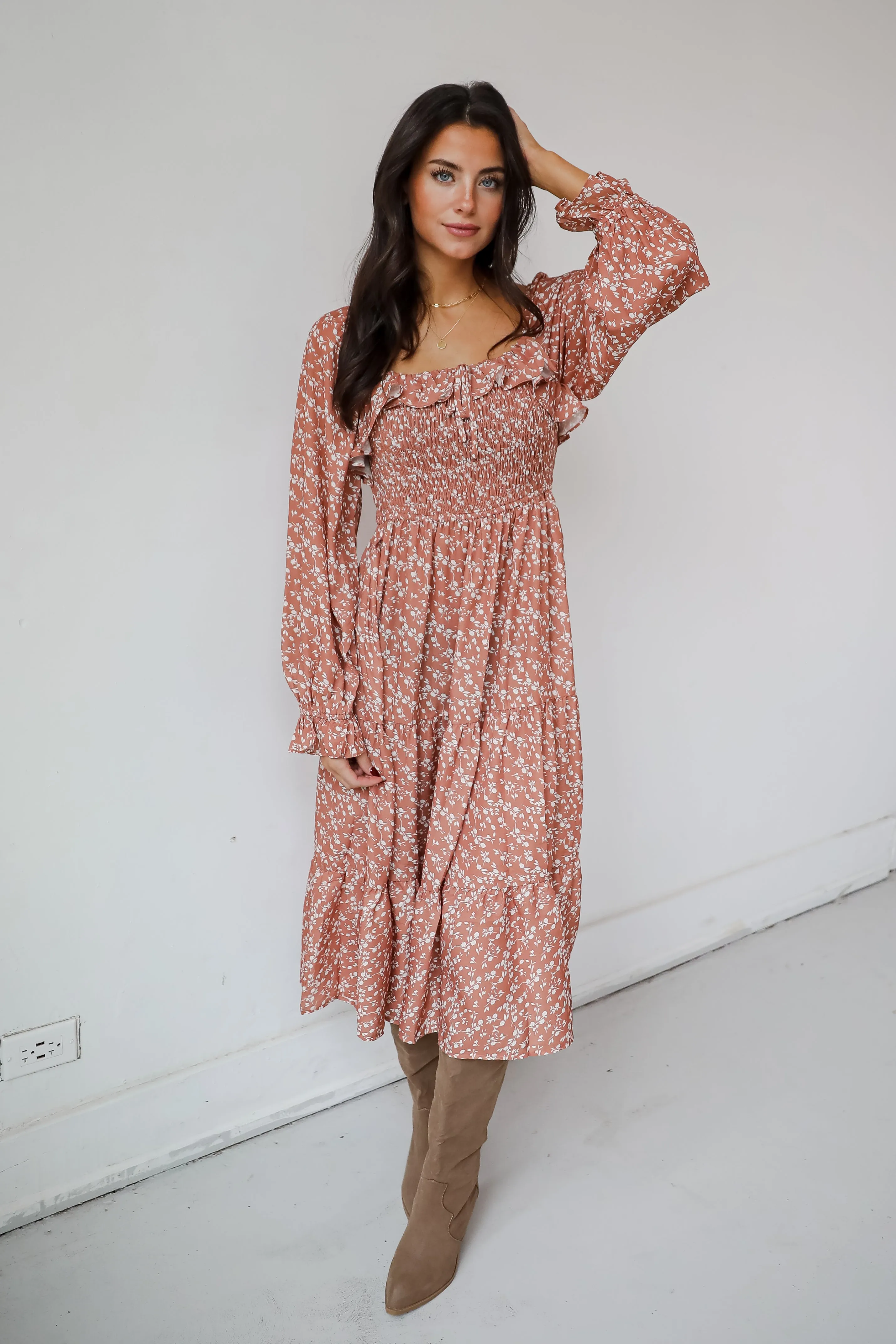FINAL SALE - Elevated Invite Rust Floral Midi Dress