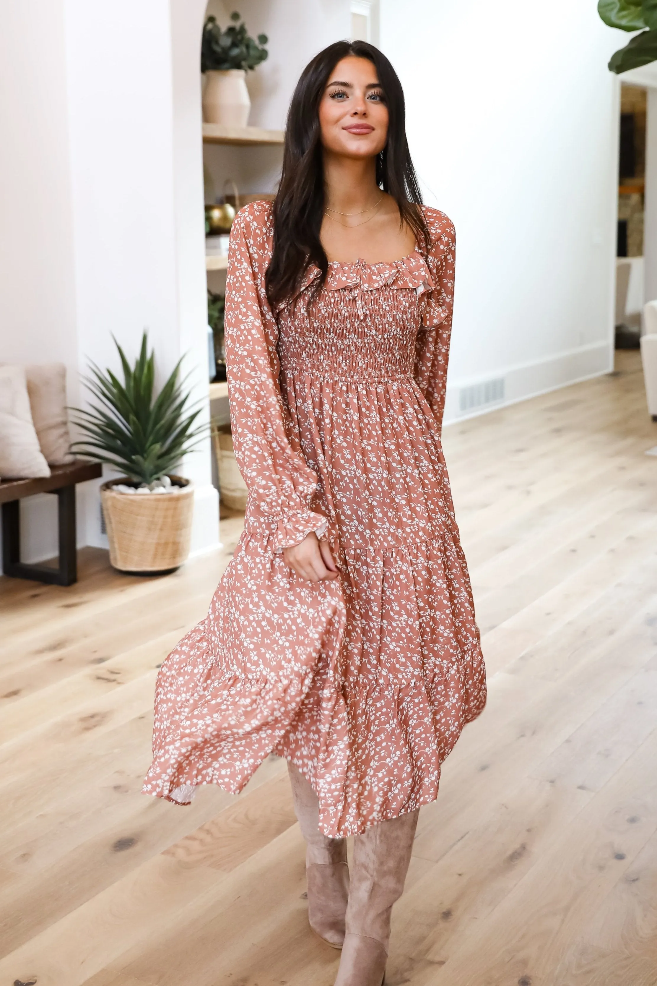 FINAL SALE - Elevated Invite Rust Floral Midi Dress