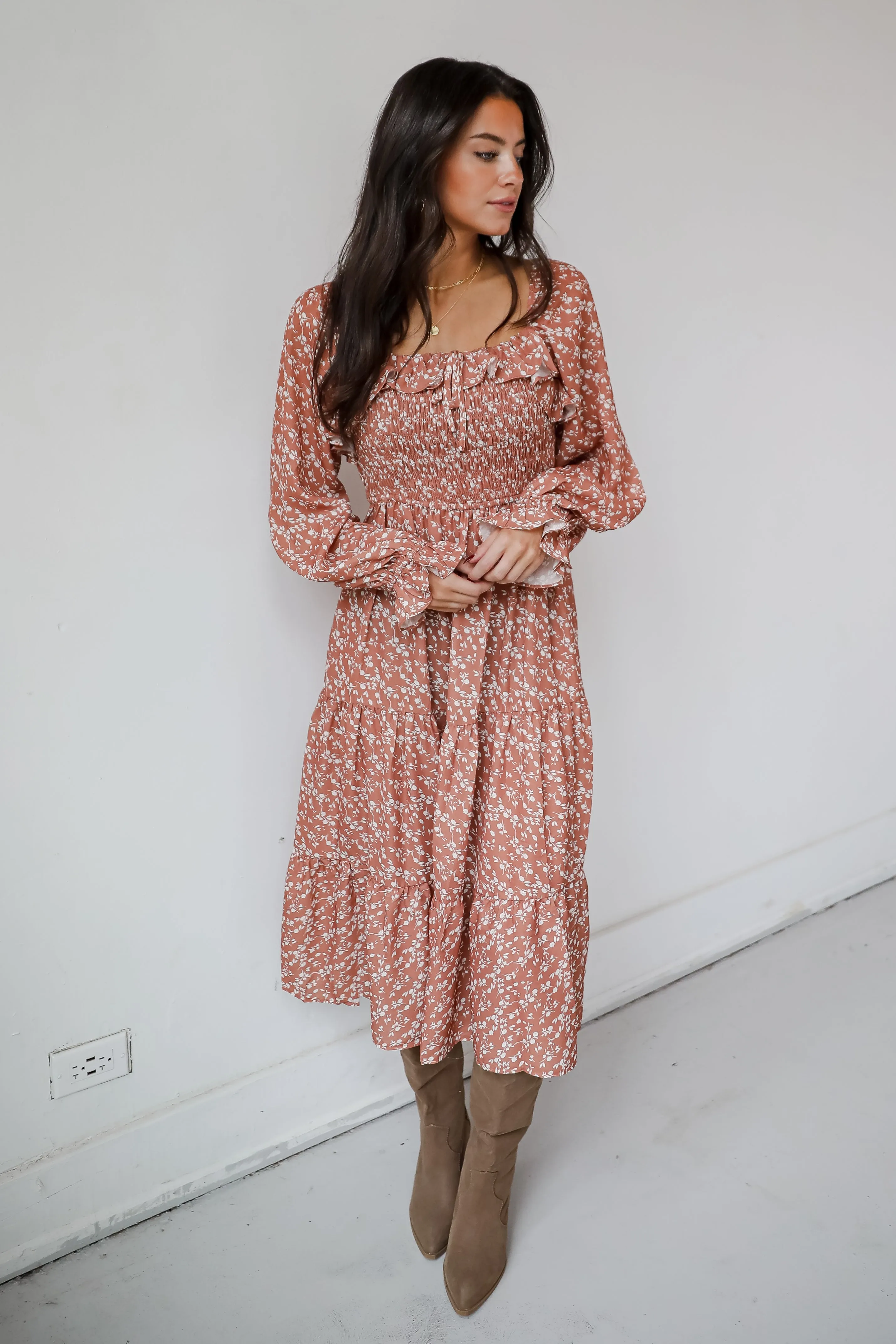 FINAL SALE - Elevated Invite Rust Floral Midi Dress