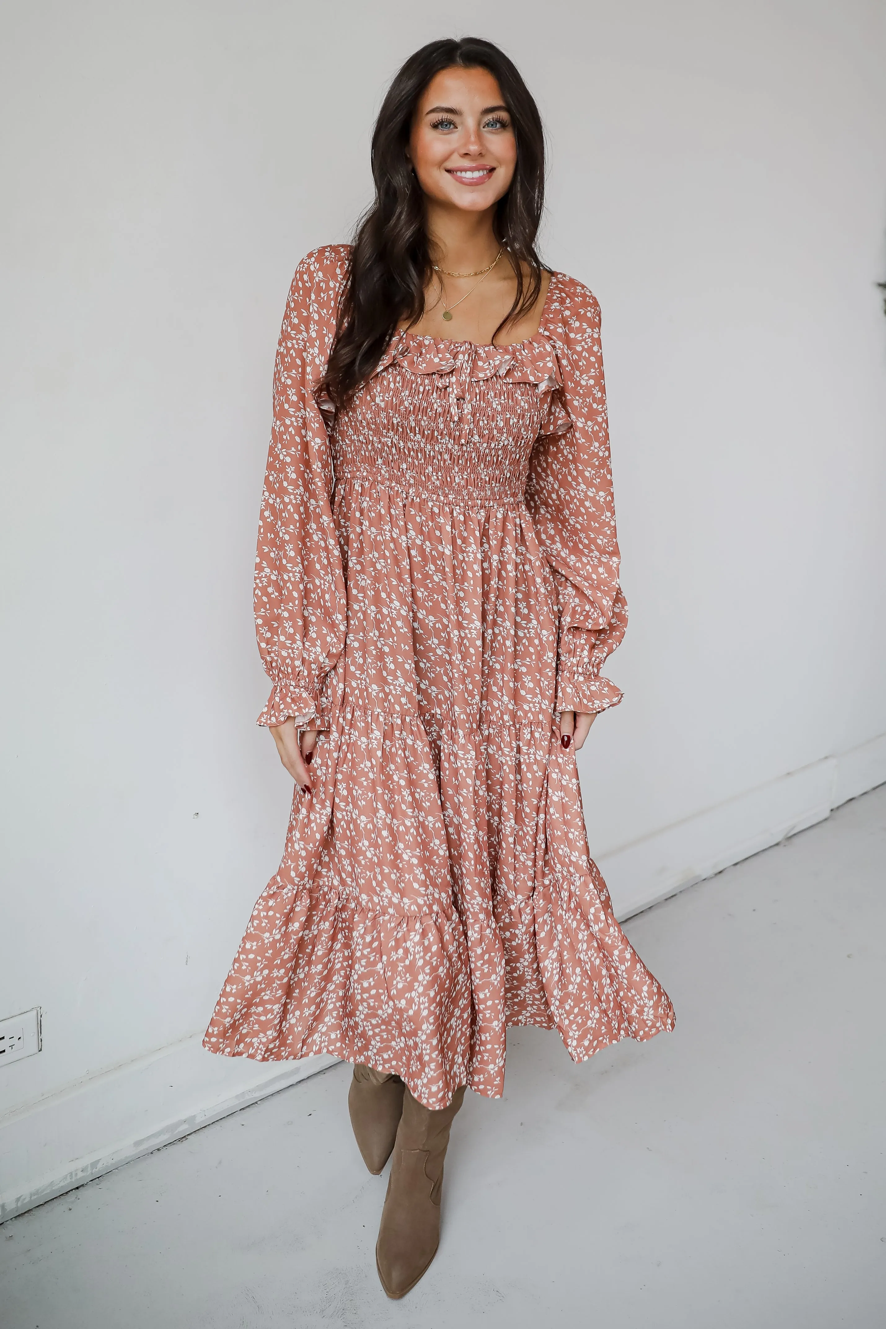 FINAL SALE - Elevated Invite Rust Floral Midi Dress