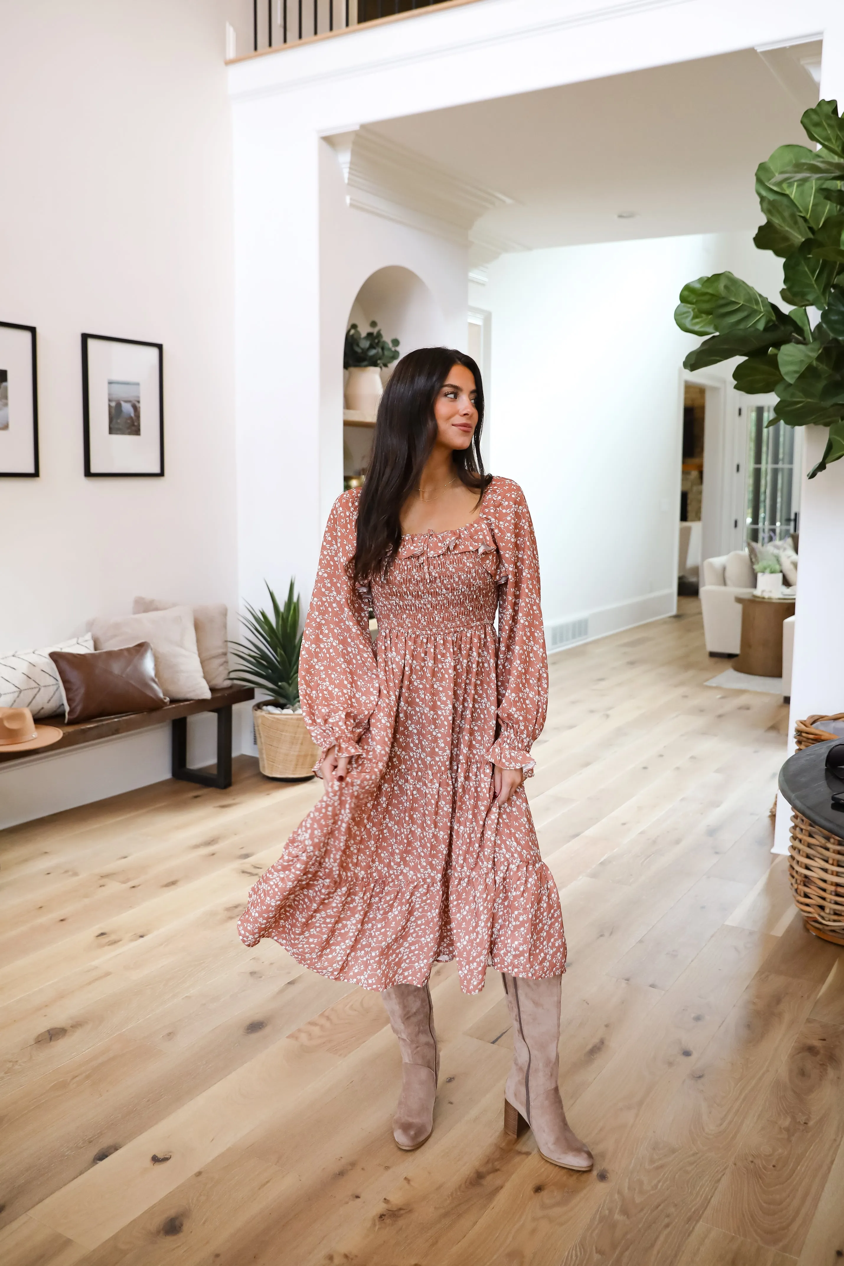 FINAL SALE - Elevated Invite Rust Floral Midi Dress