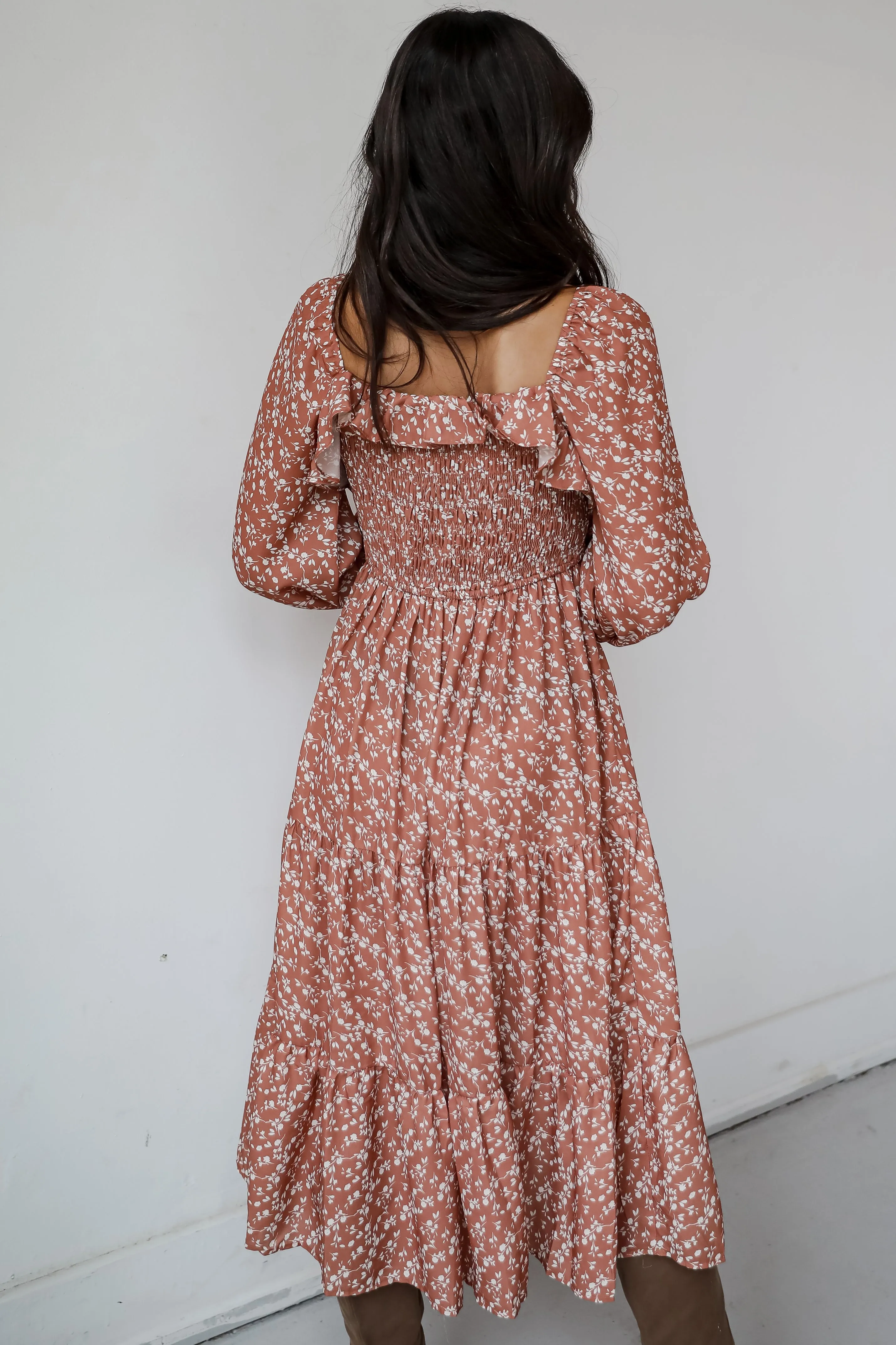FINAL SALE - Elevated Invite Rust Floral Midi Dress