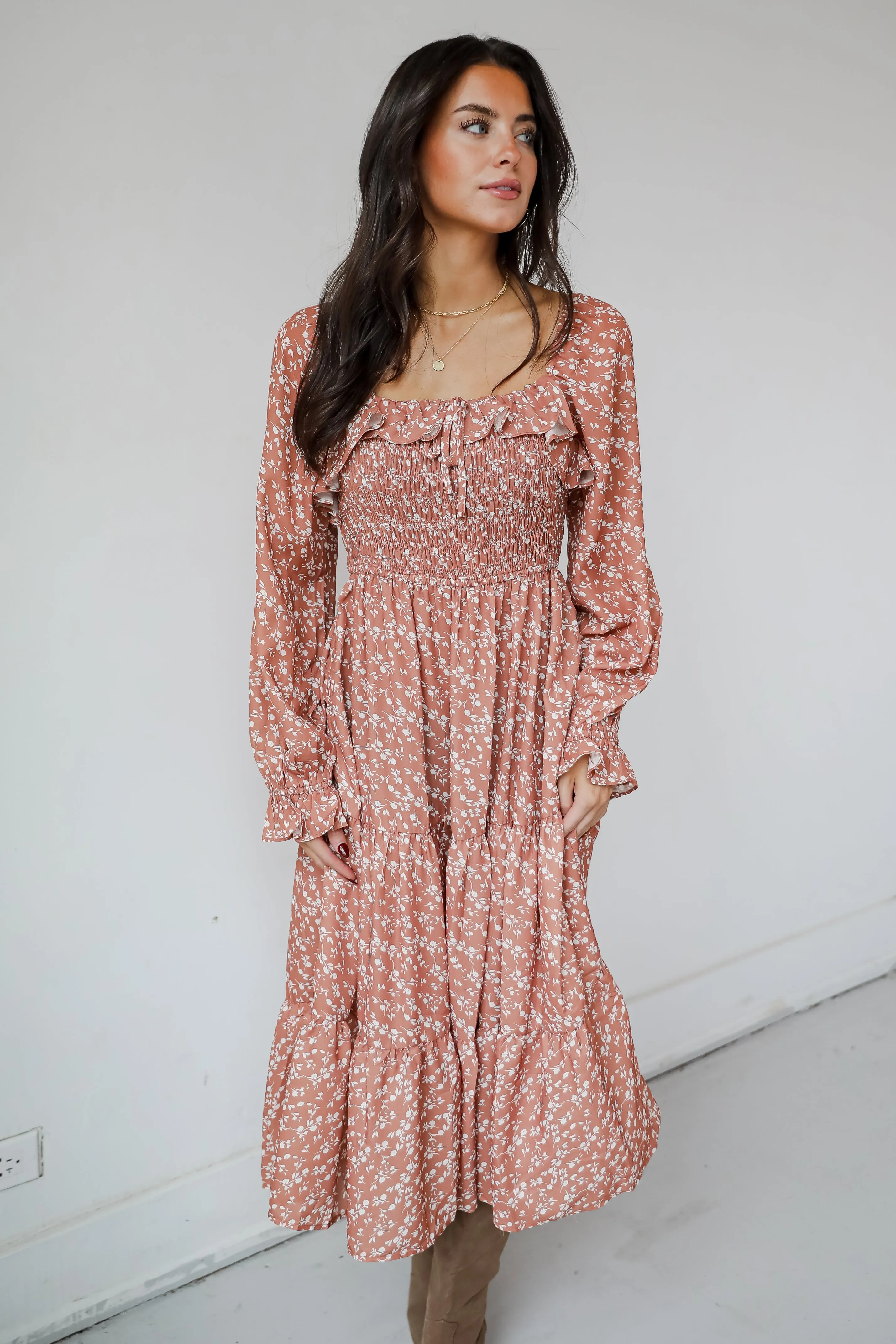FINAL SALE - Elevated Invite Rust Floral Midi Dress