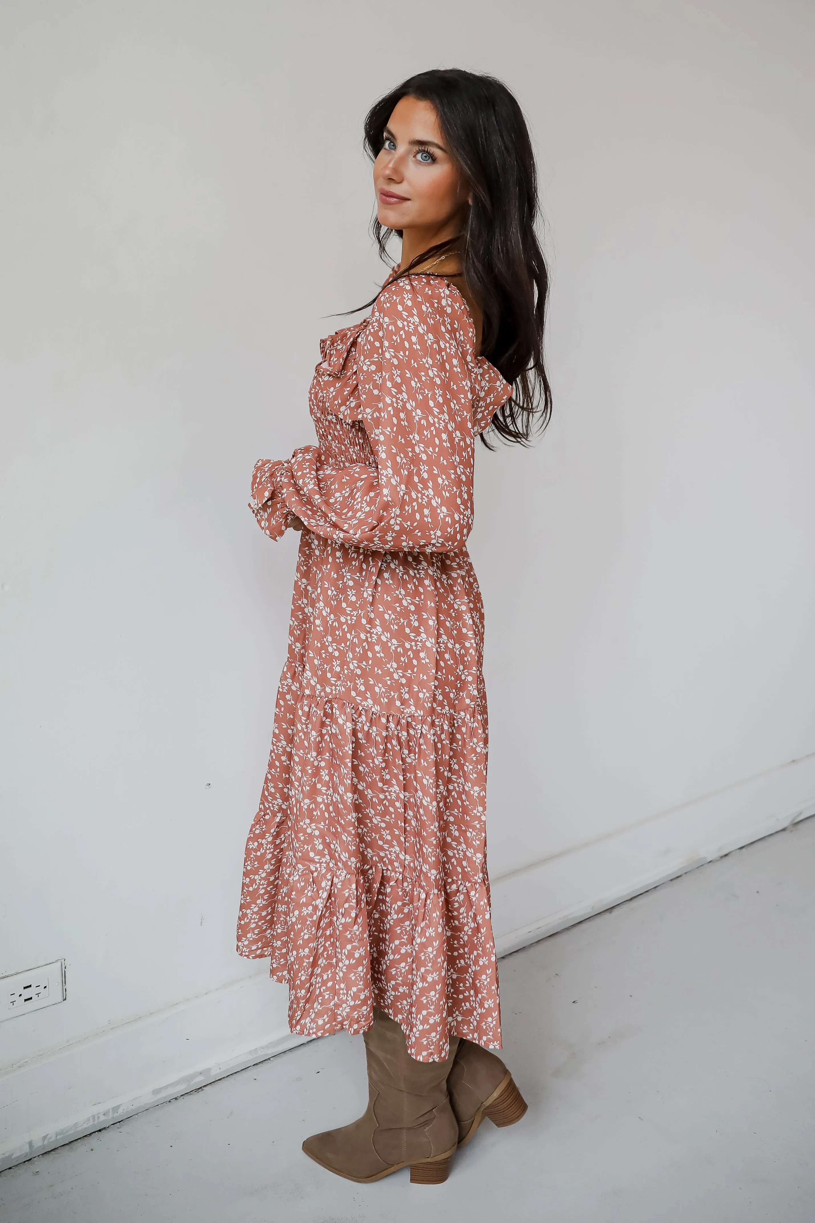 FINAL SALE - Elevated Invite Rust Floral Midi Dress