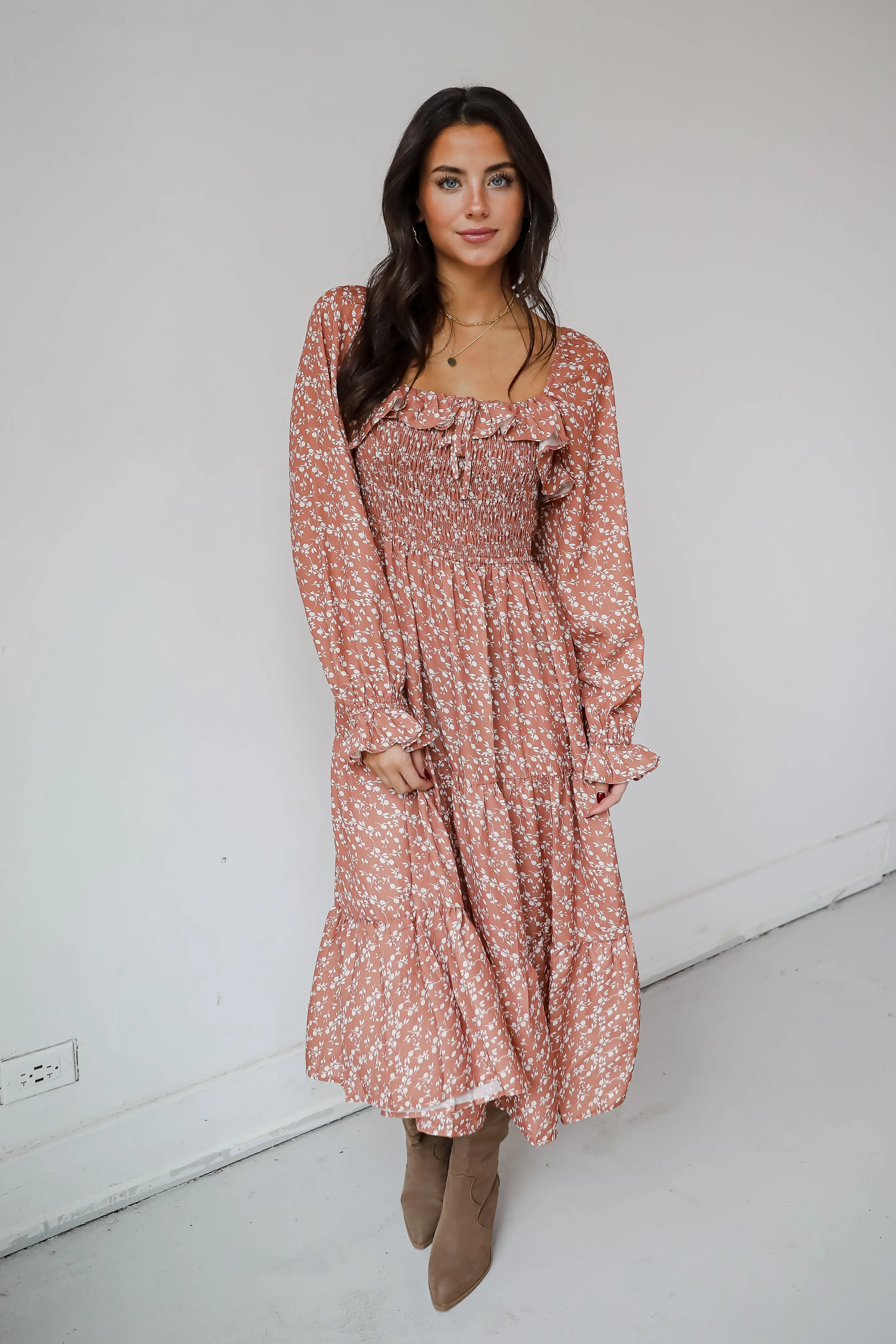FINAL SALE - Elevated Invite Rust Floral Midi Dress
