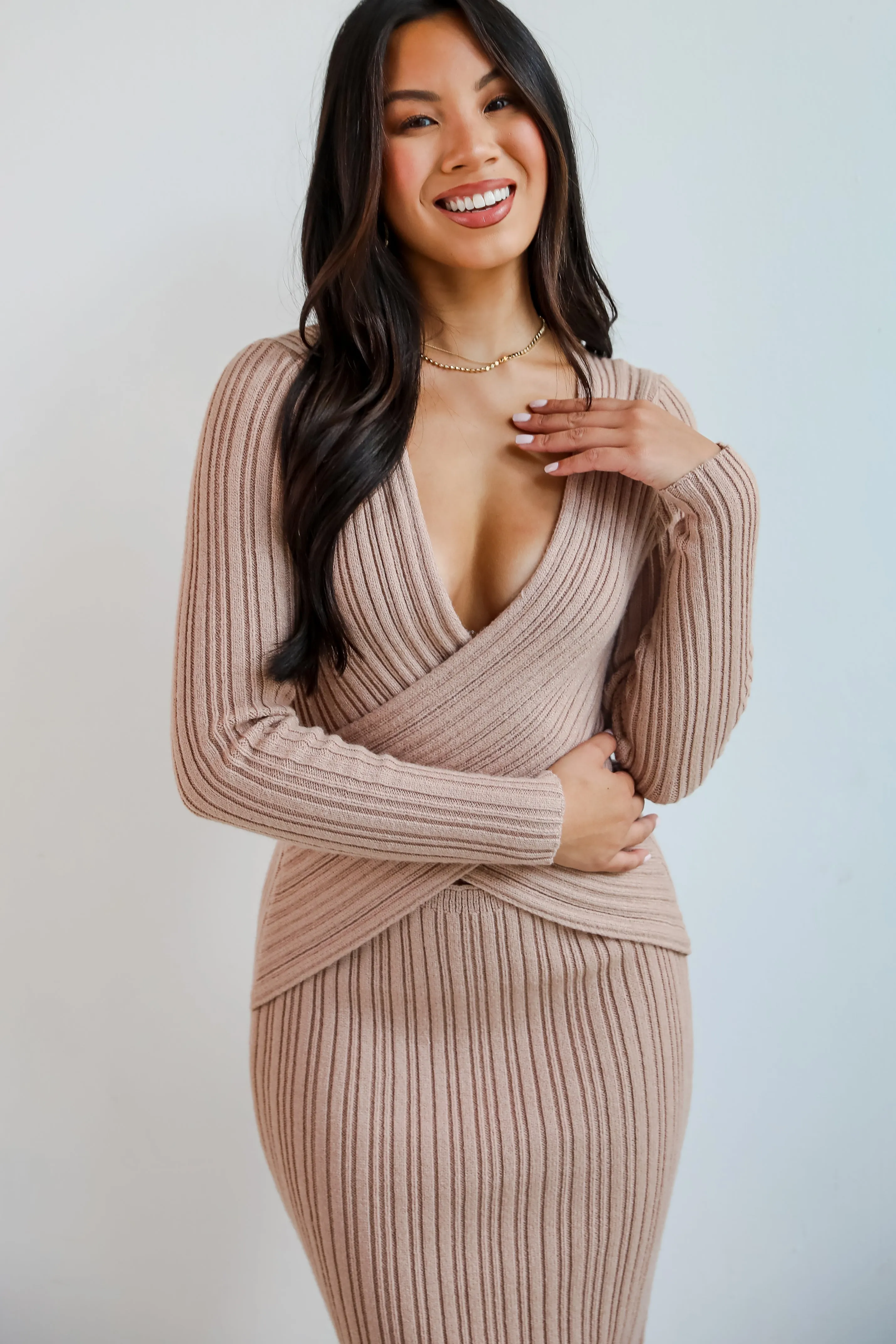 FINAL SALE - Intriguing Demeanor Taupe Criss-Cross Sweater Midi Dress