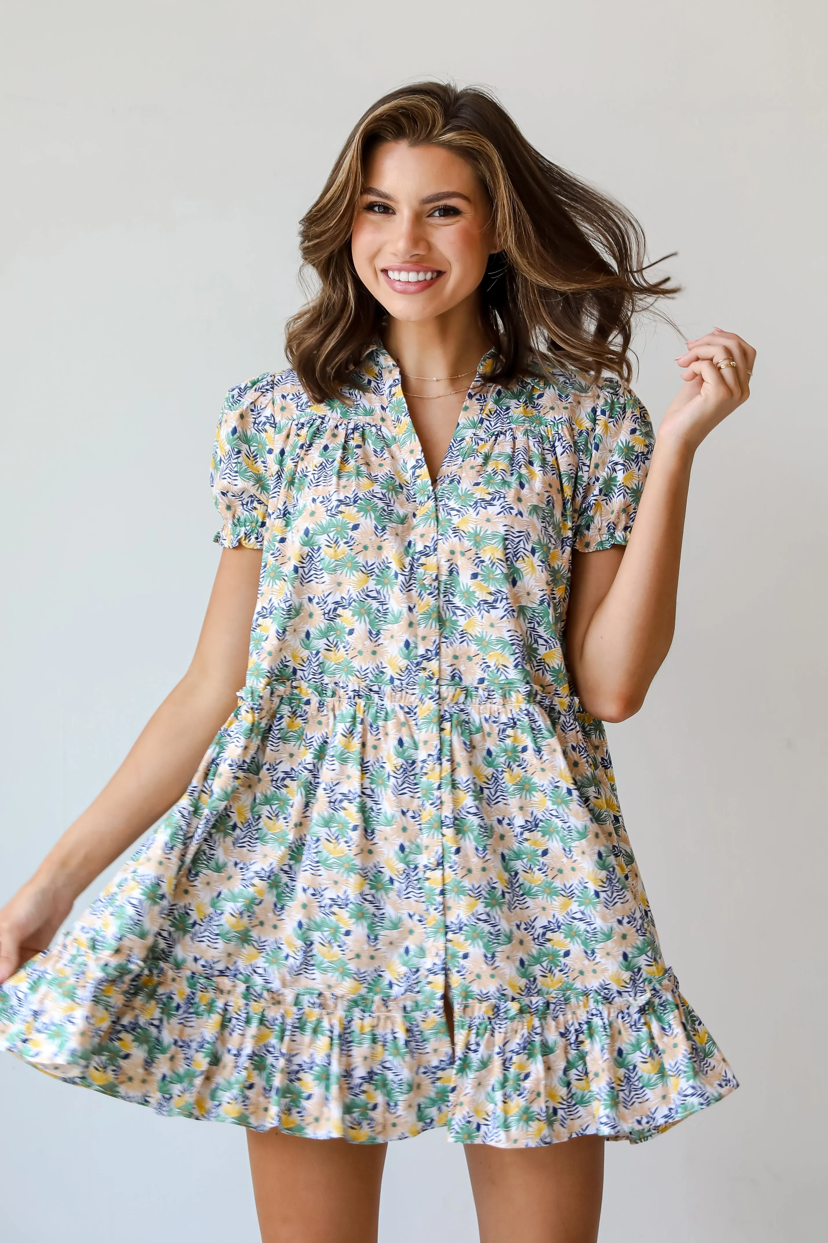 FINAL SALE - Love In The Garden Green Floral Tiered Mini Dress