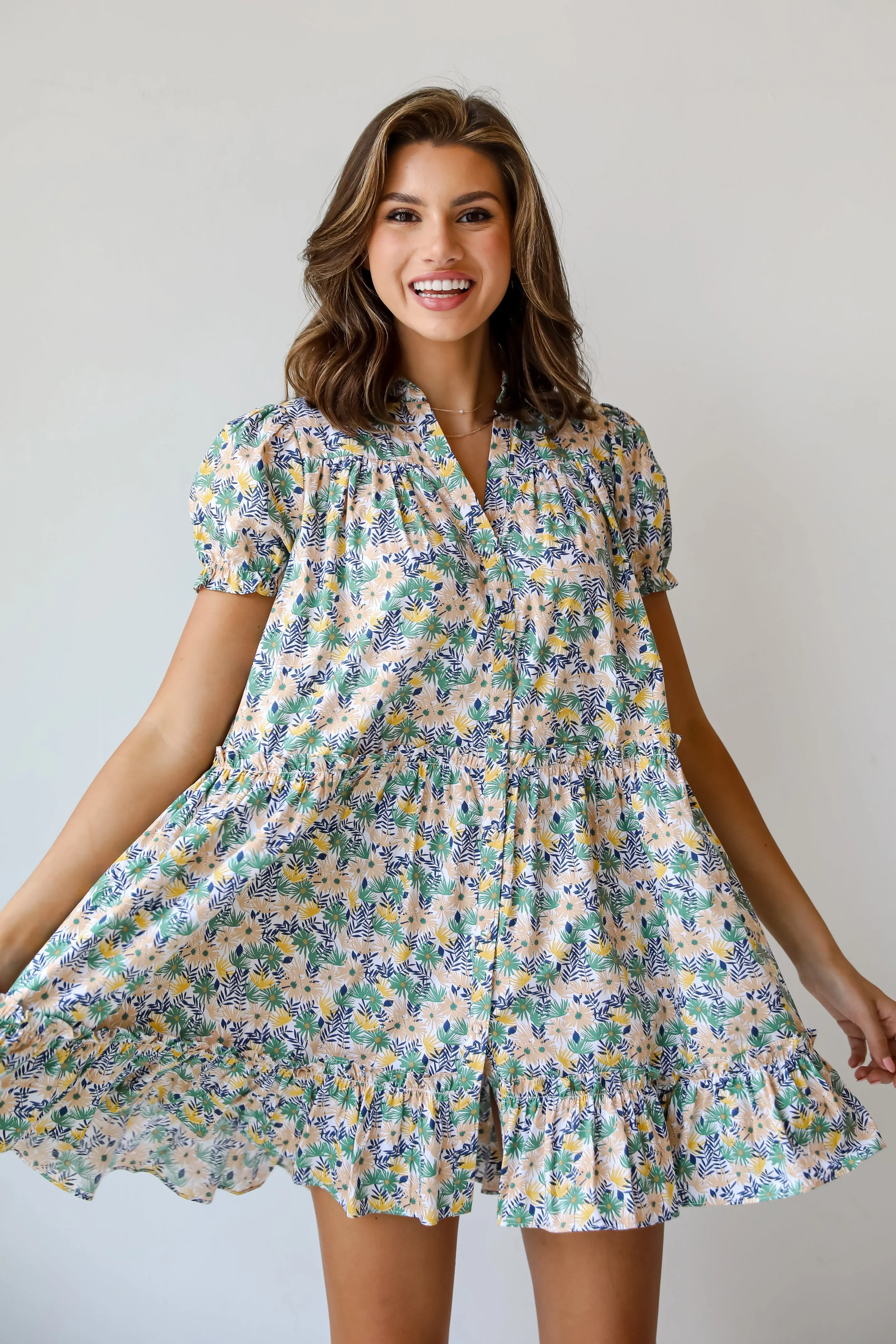 FINAL SALE - Love In The Garden Green Floral Tiered Mini Dress