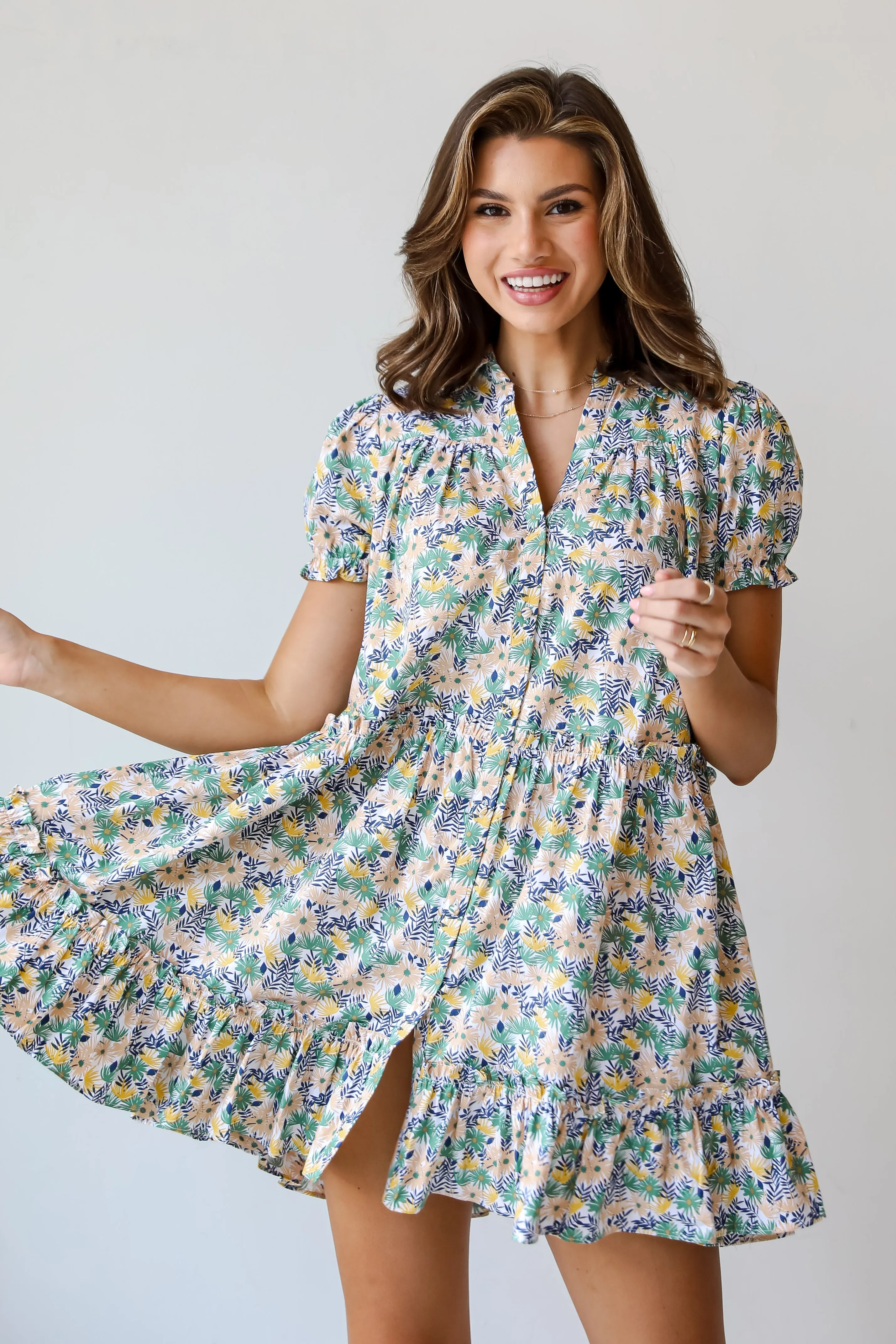 FINAL SALE - Love In The Garden Green Floral Tiered Mini Dress