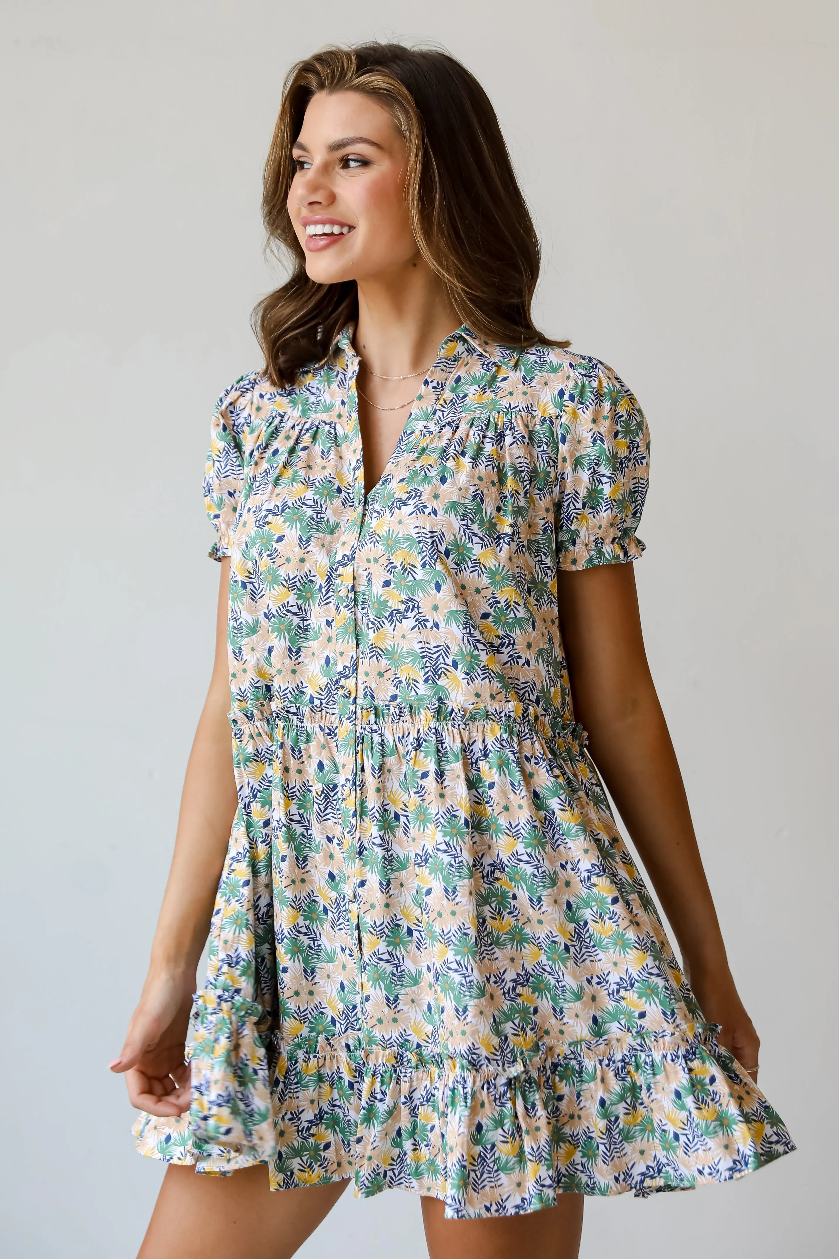 FINAL SALE - Love In The Garden Green Floral Tiered Mini Dress