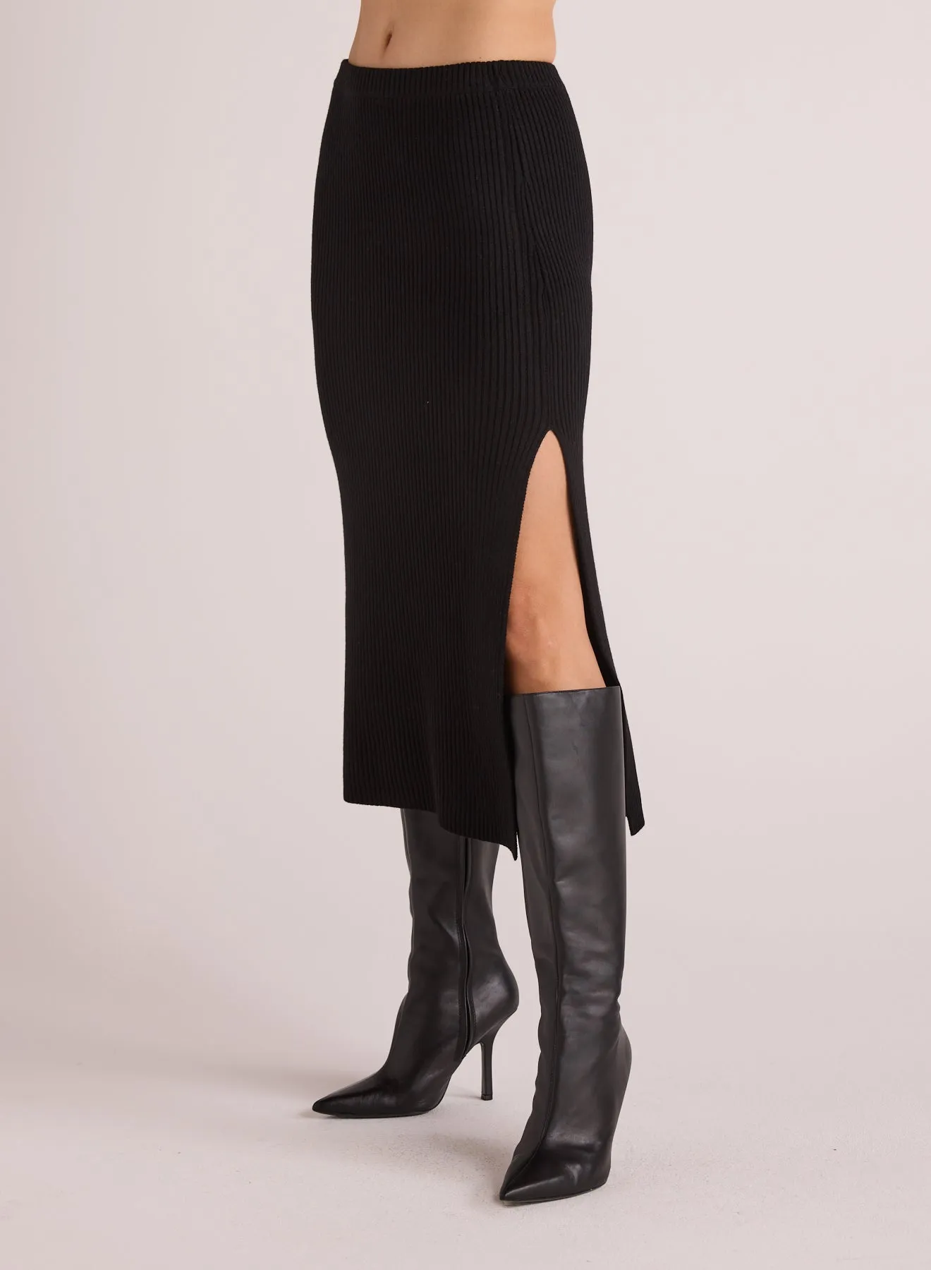 Ribbed Knit Skirt with Side Slit - Black