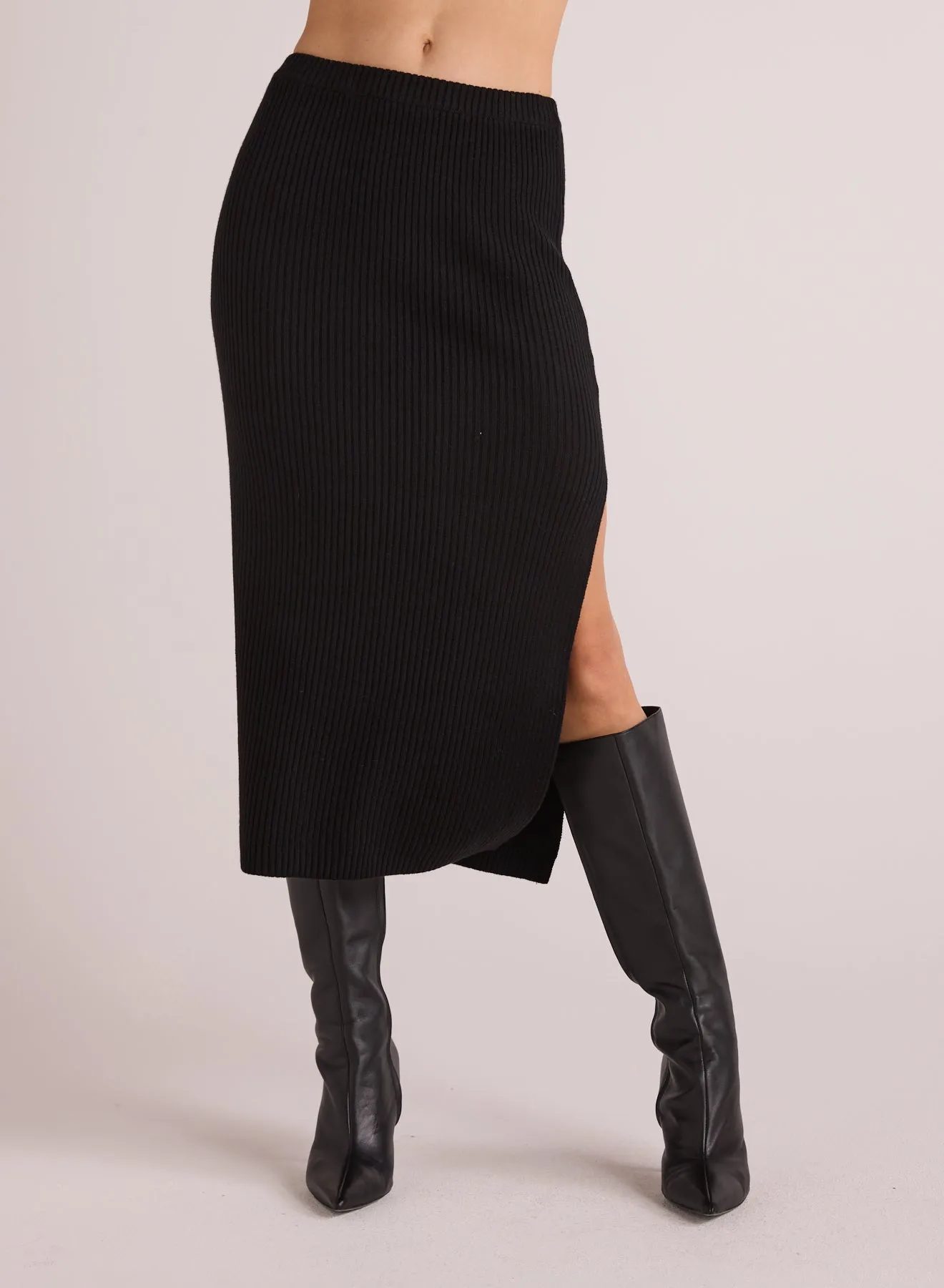 Ribbed Knit Skirt with Side Slit - Black