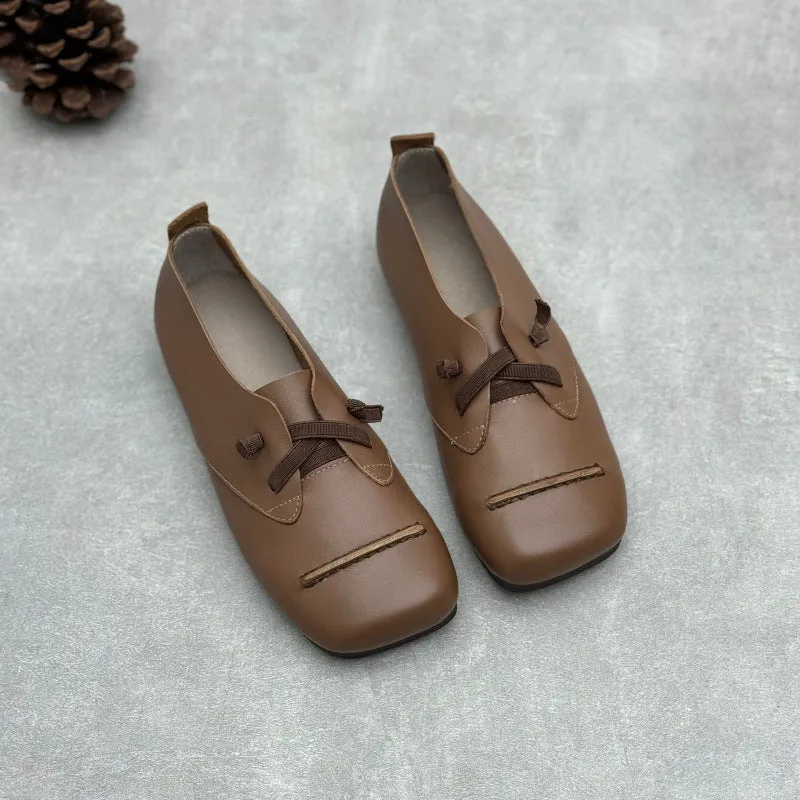 Women Spring Retro Genuine Leather Square Toe Flat Slip-Ons
