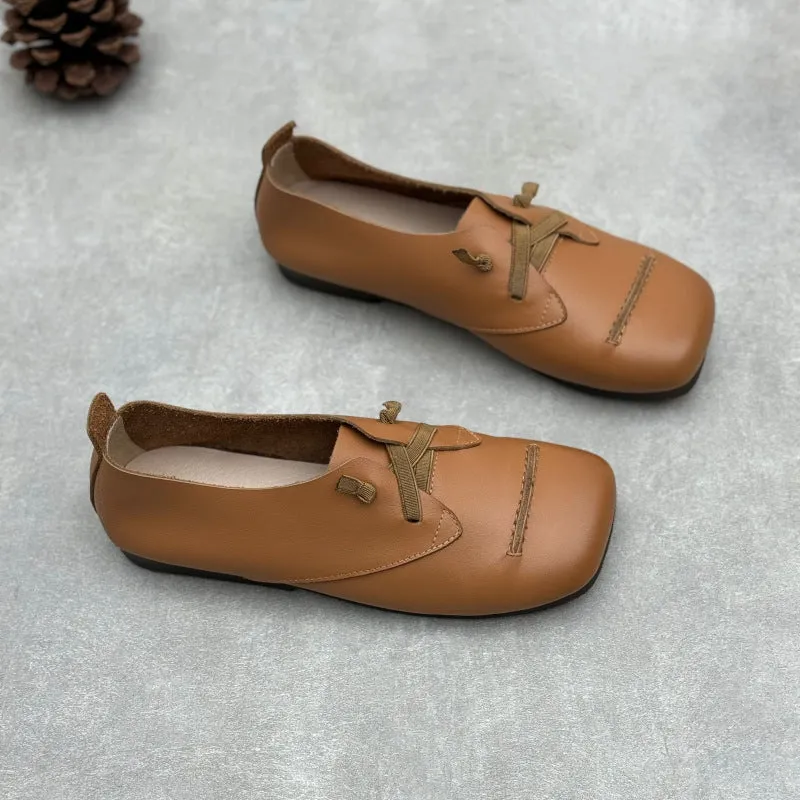 Women Spring Retro Genuine Leather Square Toe Flat Slip-Ons