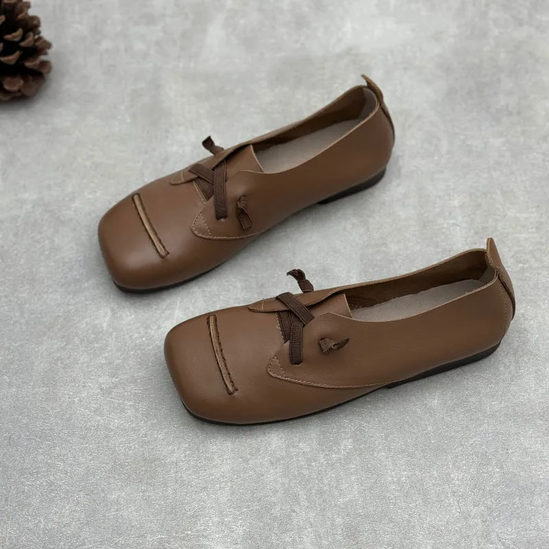 Women Spring Retro Genuine Leather Square Toe Flat Slip-Ons