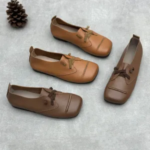 Women Spring Retro Genuine Leather Square Toe Flat Slip-Ons
