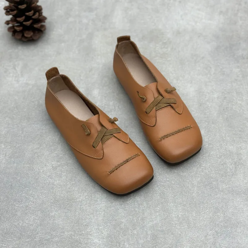 Women Spring Retro Genuine Leather Square Toe Flat Slip-Ons