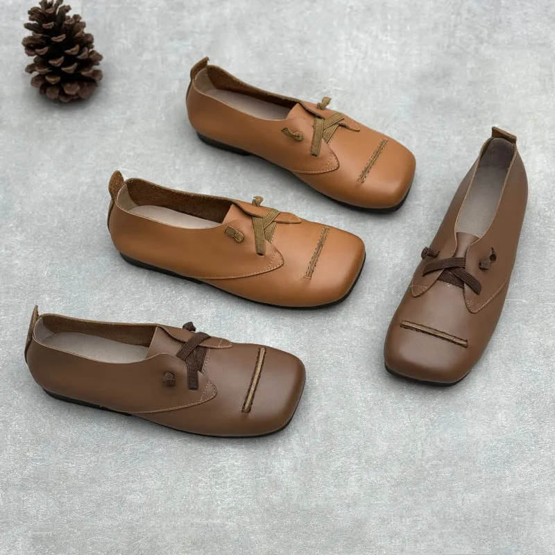 Women Spring Retro Genuine Leather Square Toe Flat Slip-Ons