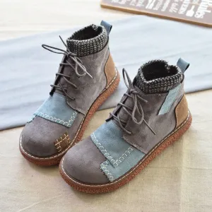 Women Winter Colorblock Round-Toe Chunky Sole Fleece-Lined Boots