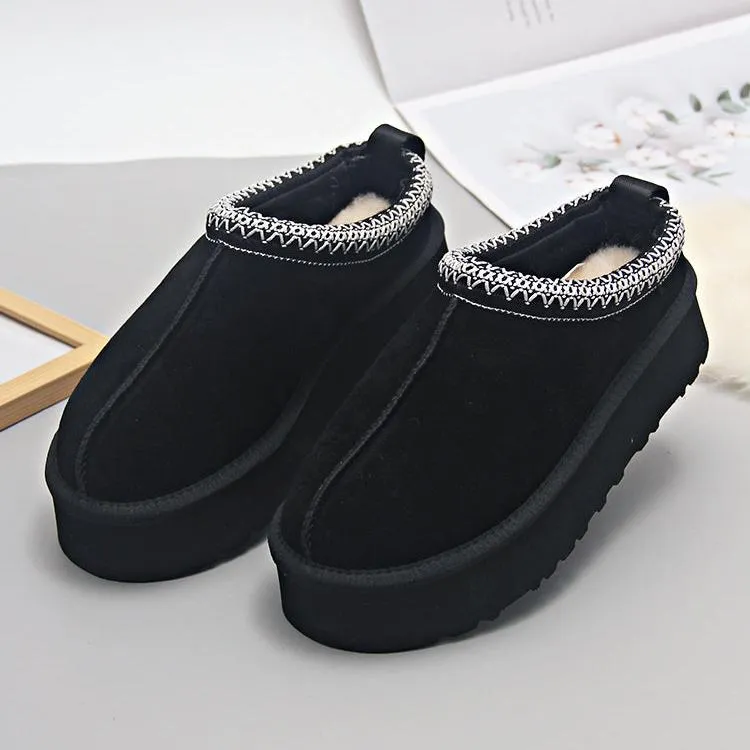 Women Winter Suede Fleece-Lined Chunky Sole Slip-On Slippers