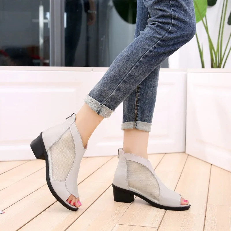 Women's Genuine Leather Mesh Chunky Heel Peep-Toe Booties
