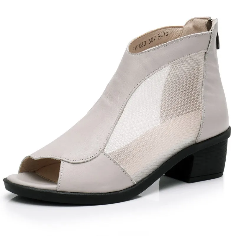 Women's Genuine Leather Mesh Chunky Heel Peep-Toe Booties