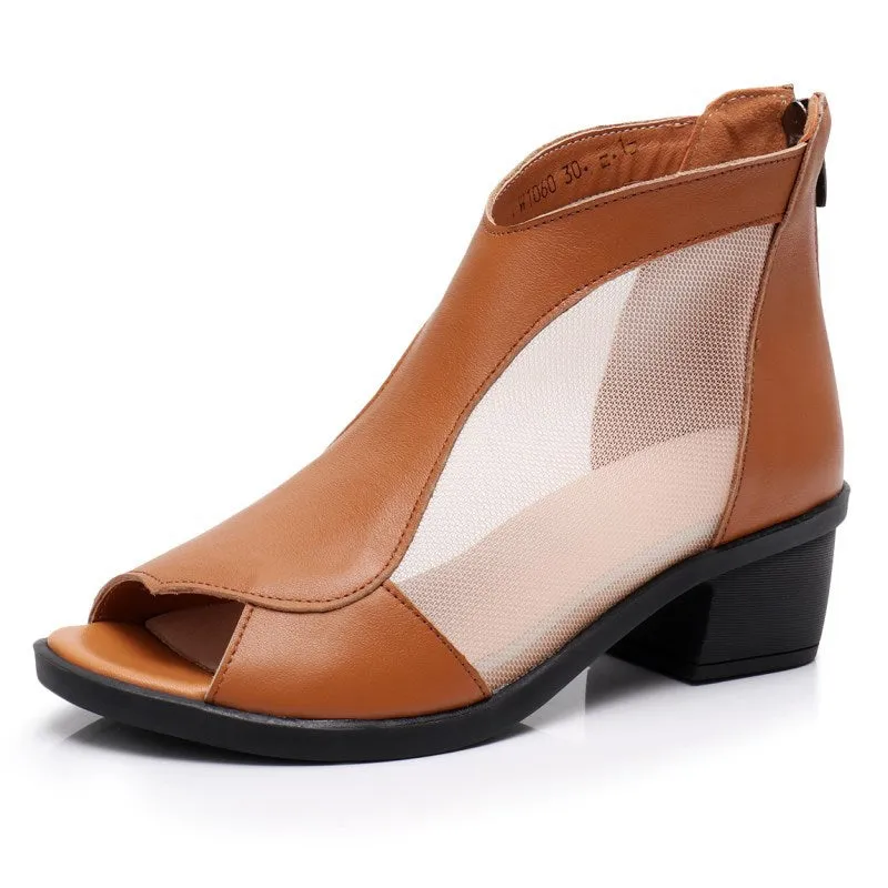 Women's Genuine Leather Mesh Chunky Heel Peep-Toe Booties