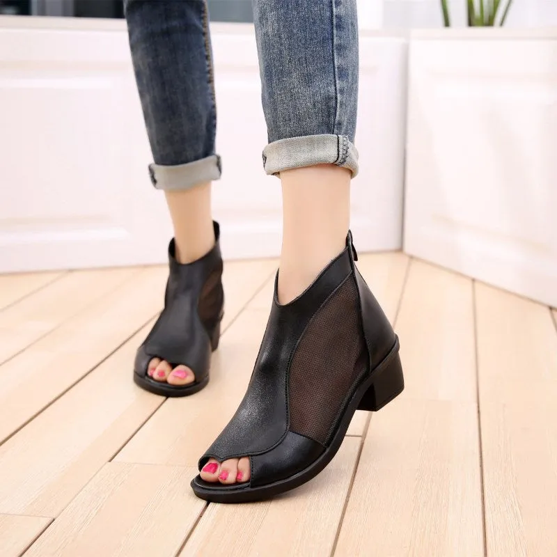 Women's Genuine Leather Mesh Chunky Heel Peep-Toe Booties