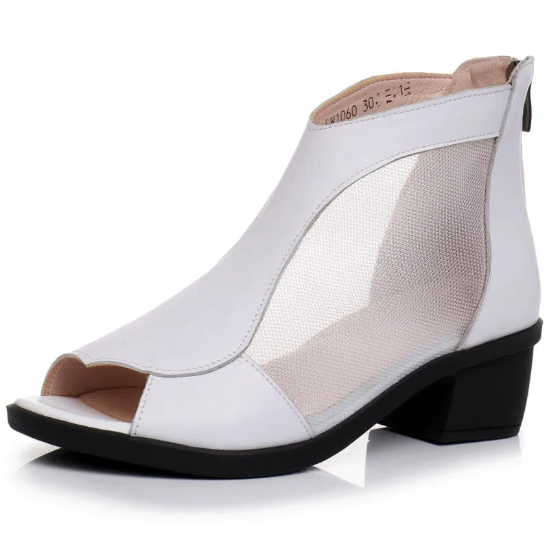 Women's Genuine Leather Mesh Chunky Heel Peep-Toe Booties