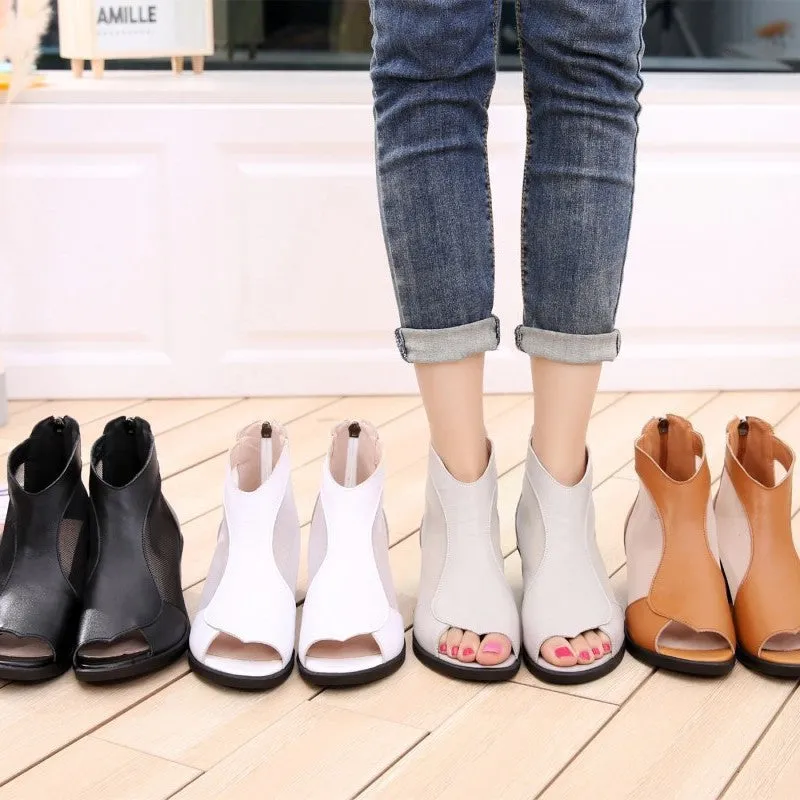 Women's Genuine Leather Mesh Chunky Heel Peep-Toe Booties