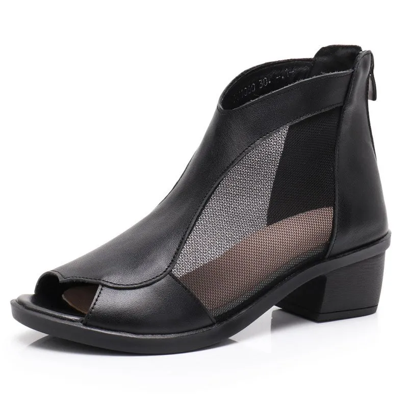 Women's Genuine Leather Mesh Chunky Heel Peep-Toe Booties